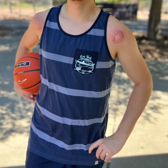 BODY GLOVE KEY WEST FLORIDA MEN TANK TOP SHIRT NAVY BLUE STRIPE SHARK SEE SURFER - Picture 12 of 16